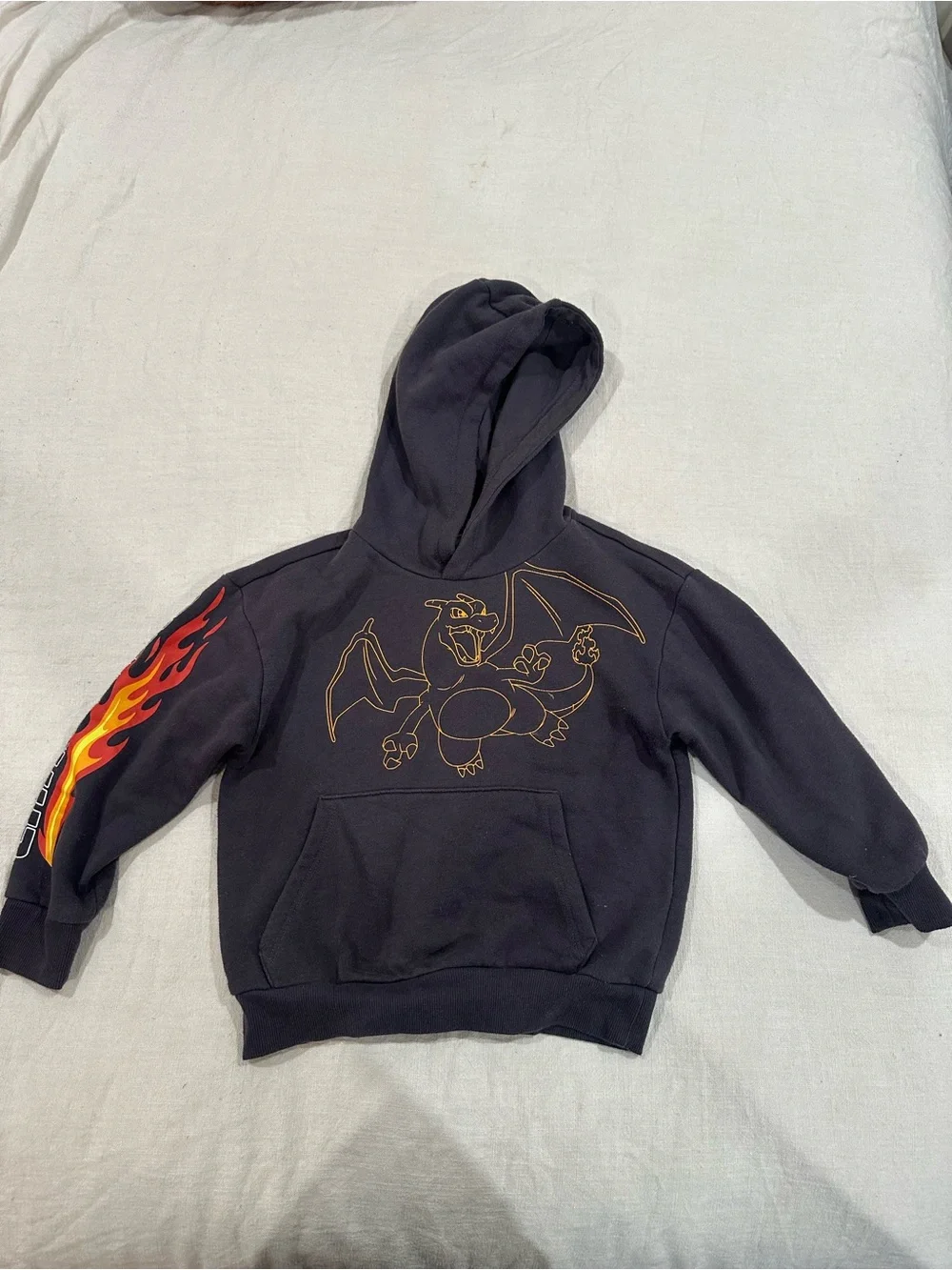 Black Kids Pullover Hoodie with Flame Sleeve and Dragon Graphic